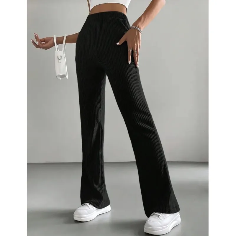 2025 Simple New Rib Knitted Trousers Women's Autumn Solid Color Casual Flared Pants Fashionable All-Match Slim Fit Long Pants