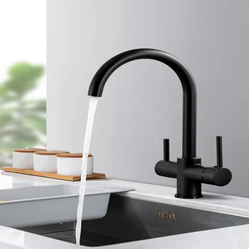 Black Brass Luxury Kitchen Faucet Dual Handle 3-Way Filter Tap Hot and Cold Drinking Water Mixer Pure Water Spout