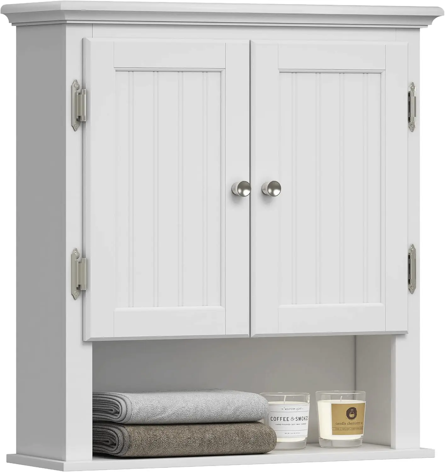 

White Wall Mounted Bathroom Cabinet with Doors and Shelves, Over Toilet Storage for Home