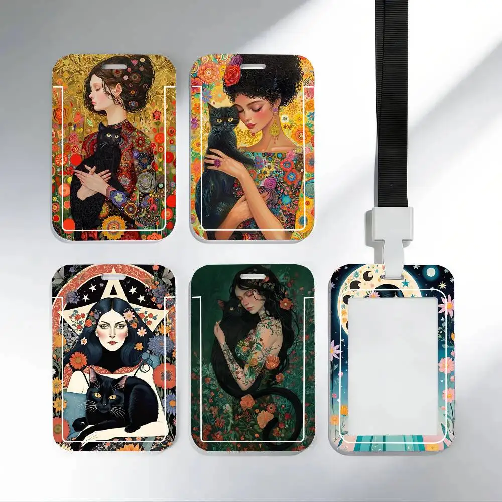 

Абстрактные держатели для карт с изображениями женщин, птиц, кошек, цветов, рыб, пар, черные бейджи-шнурки для студенческих карт питания и удостоверений личности, школьные пропуска