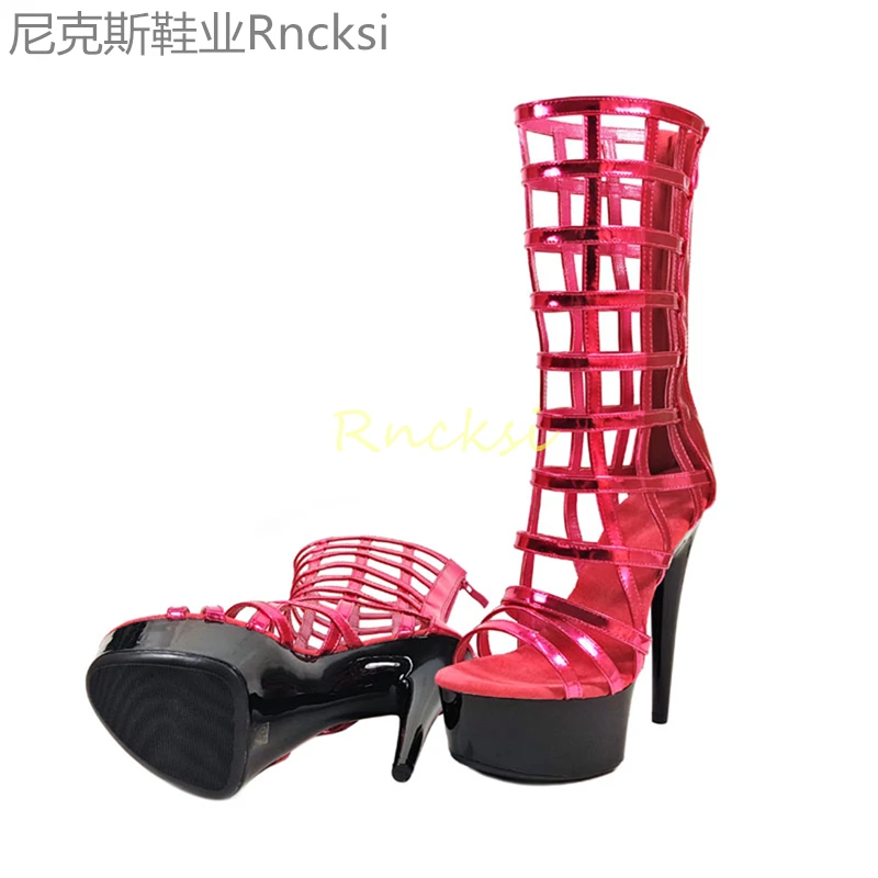 6 inches Clubbing Stripper Elegant Mature Sexy 15CM Super High heeled shoes Ankle Boots Thick platform Peep toe Lace Up Low tube