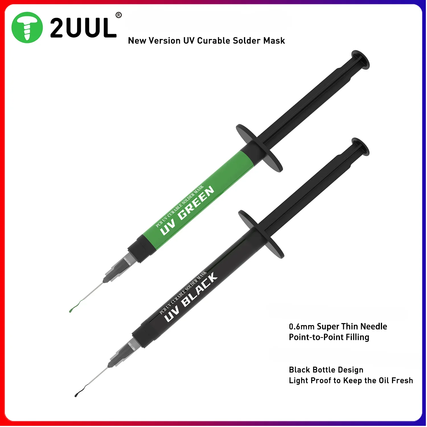 

2UUL SC53 PCB UV Curable Solder Glue With 3pcs 6mm Needles UV Black/Green Curable Soldering Mask Motherboard Nand Repair