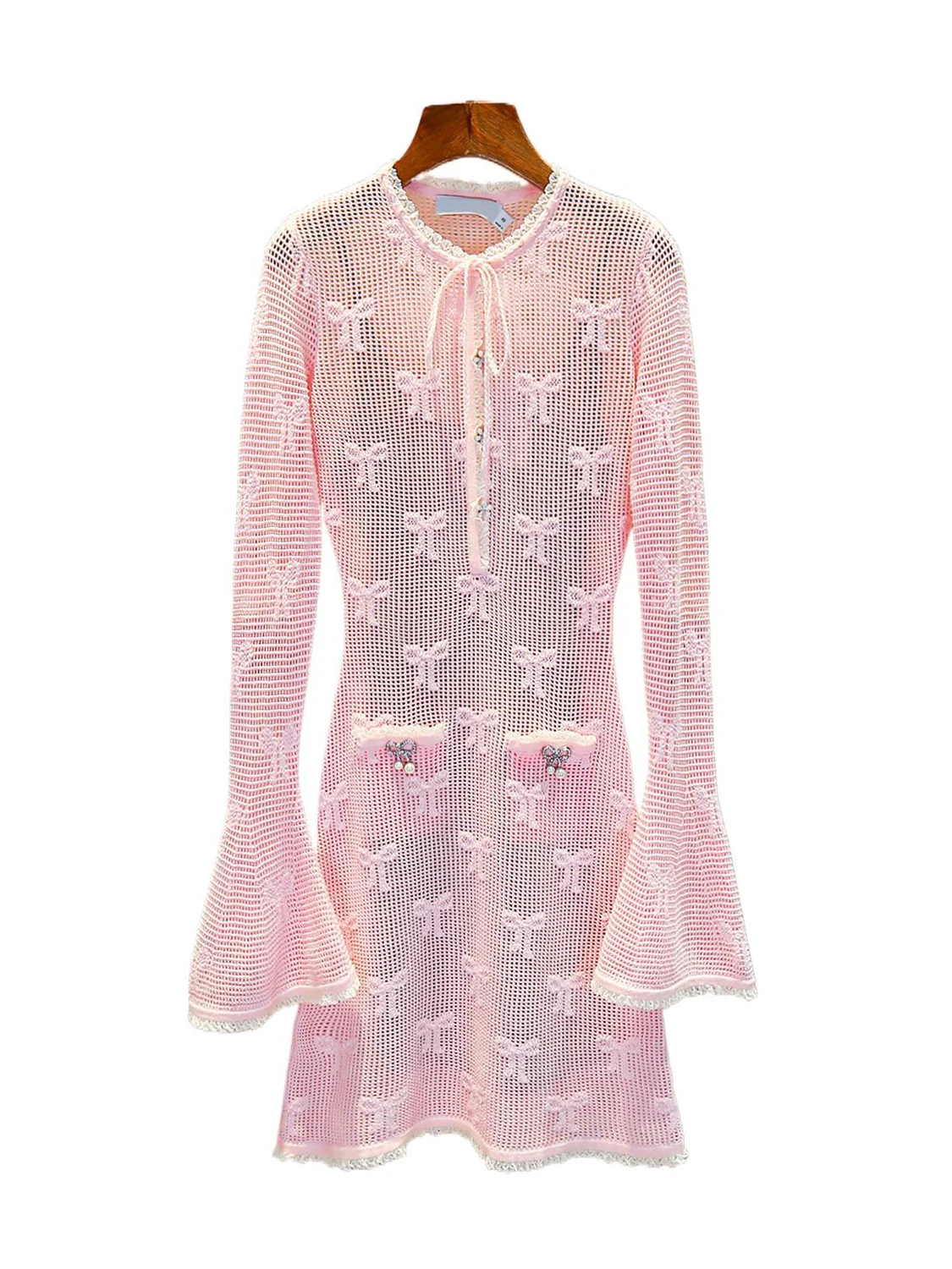 Słodka Miękka Dzianinowa Spódnica w Kształcie Litery A z Węzłem i Kwiatowym Haftem, Wysoki Stan, Idealna do Dojazdów do Pracy, Wiosna Lato A...