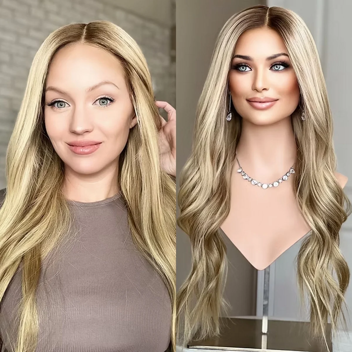 28 Inches Light Blonde Shadow Roots Synthetic Lace Frontal Wigs Long Length Loose Wave Daily Party Cosplay Wigs Costume Woman