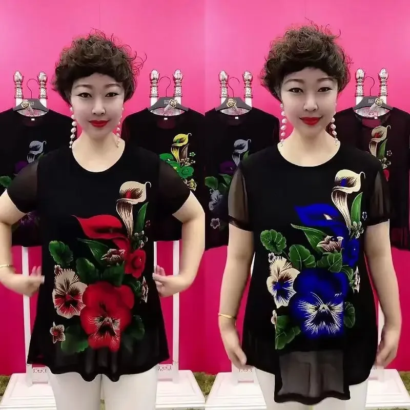 T-shirt con stampa 3D moda estiva T-shirt a maniche corte allentate versatili casual da donna anziana di mezza età