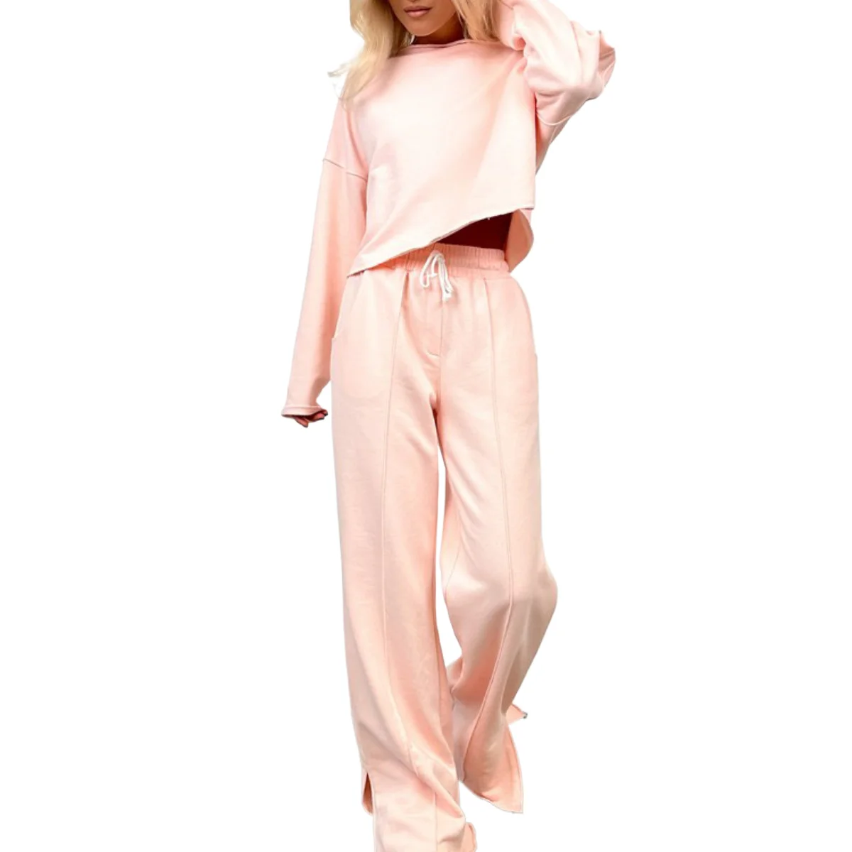 

Spring New Solid 2 Piece Casual Home Suit Women Loose Round Neck Long Sleeved Pullover Top Elastic Waist Lace Up Trousers Set