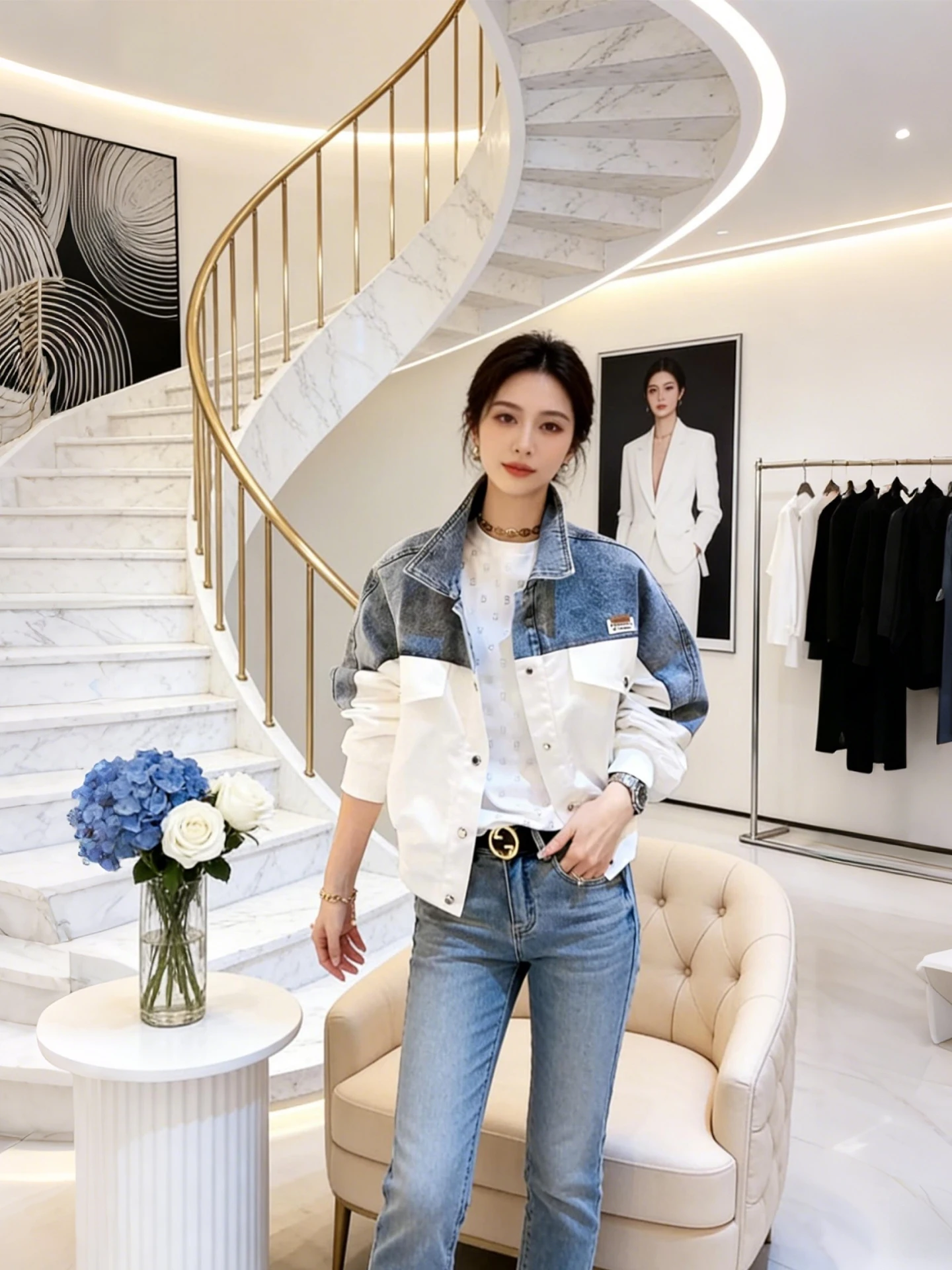 

Spring 2026 Women's Fashionable Short Denim Jacket Color Block Splicing Youthful Looking Button up Top Commute Style Slim Fit