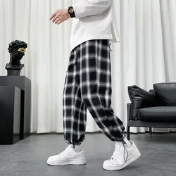 Summer Plaid Pants Men Loose Fit Cotton Casual Pants Lightweight Oversized Baggy Sweatpants Drawstring Straight Harem Trousers