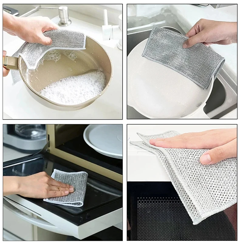 FAIS DU20cm Steel Wire Dishcloths Double-Layer Non-stick Oil Iron Dishrag Kitchen Pan Pot Microwave Stove Cleaning Dishcloth Rag