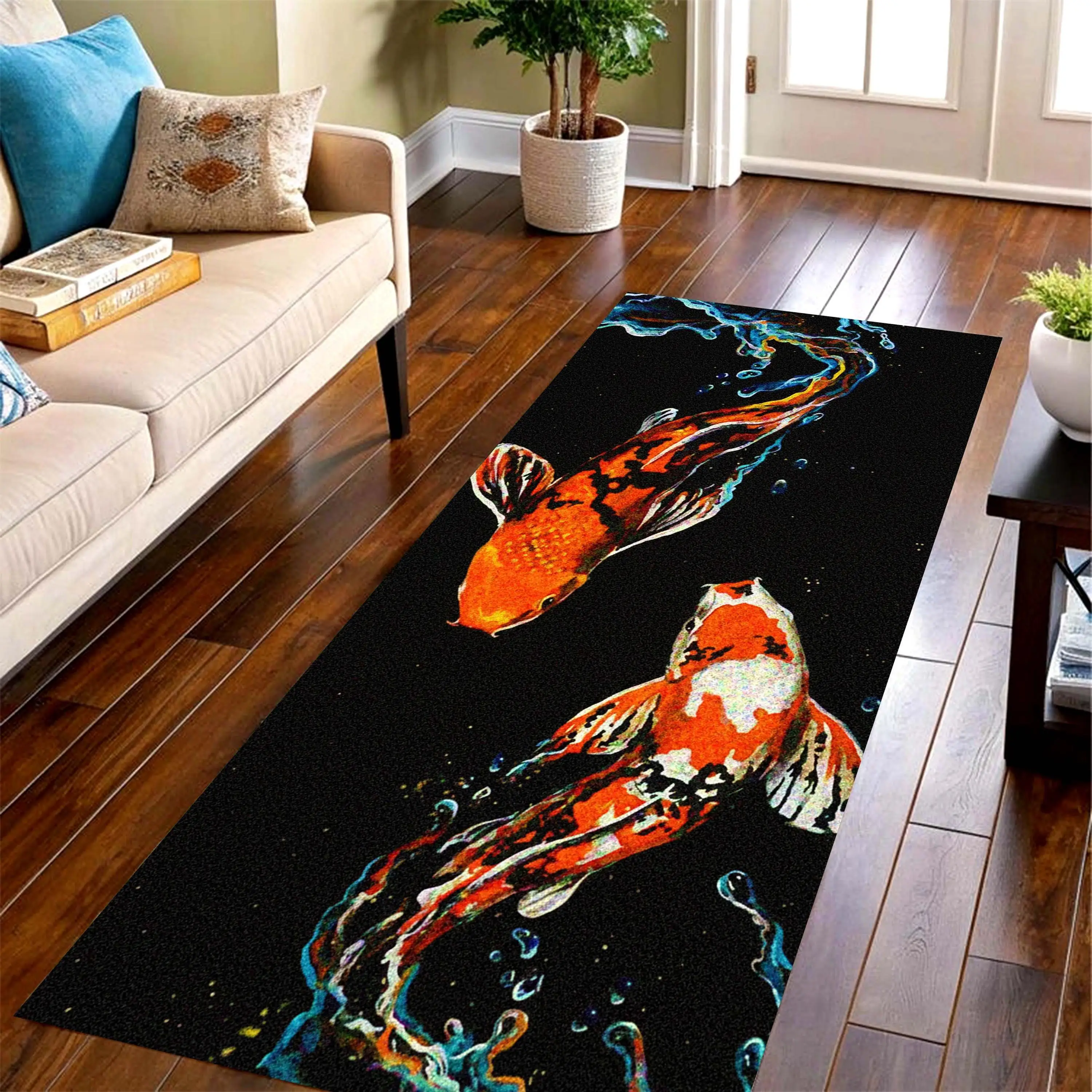 Dark Blue Koi Lotus Long Runner Rug,Oriental lucky print,kitchen,hallway,living room,balcony front entry floor decoration