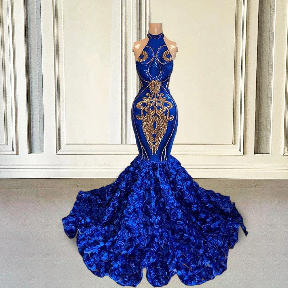 Royal Blue Prom Evening Dresses Long Sparkly Sequin 3D Flowers African Women Formal Party Gala Gowns Graduation Customized