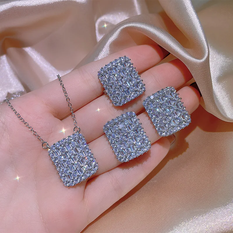 

2022 NEW Luxury Exaggerated Jewelry Set For Women silver plate Diamond Zircon Ring Earrings Wedding Attending Party Gift