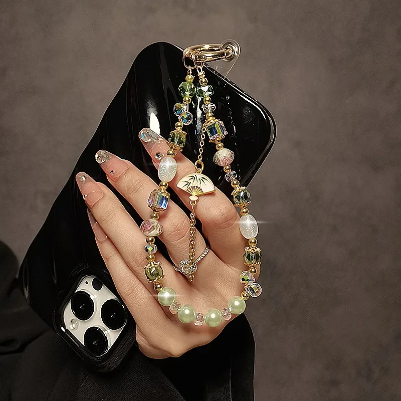 Retro Chinese Fan Tassel Mobile Phone Chain Short Wrist Portable Chain Crystal Beaded Hanging Chain Mobile Phone Case Hanging De