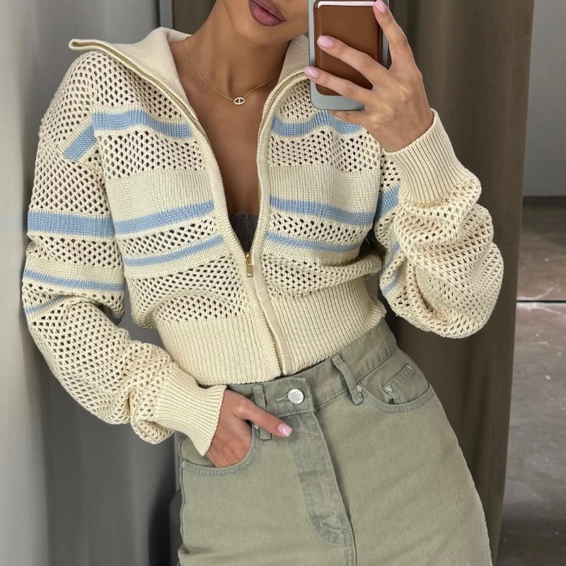 

Short Knitted Coat Women's Autumn and Winter Slim Design Hollow Zipper Coat Top