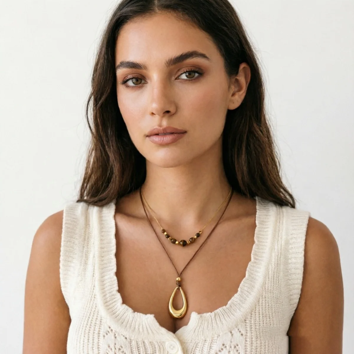 Vintage Einfache Tigerauge-Stein Wassertropfen-Anhänger Halskette für Frauen Männer Hohle Geometrische Tropfenform Lederseil Choker Schmuck – Detail 18