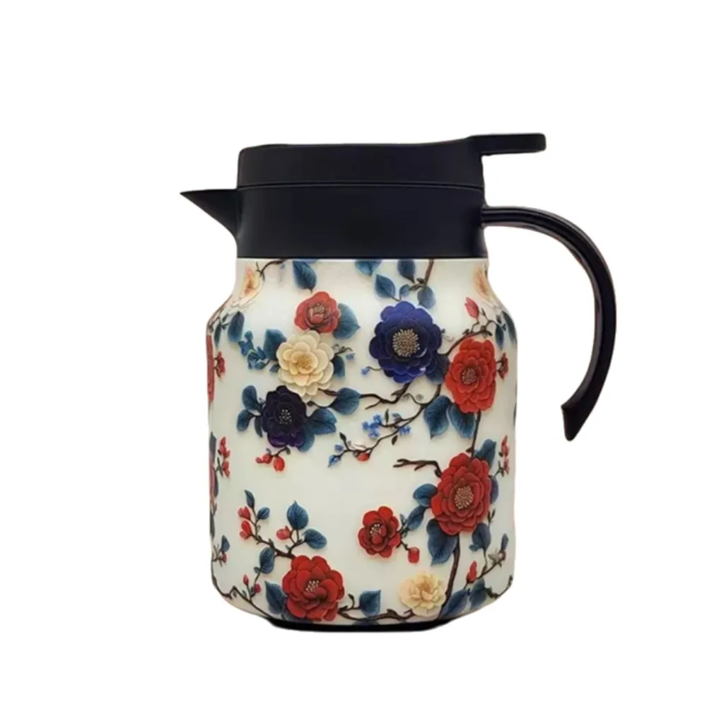 1000ml Floral Pattern Tea Kettle 316 Stainless Steel Vintage Insulated Water Pot with Tea Infuser National Style Thermal Teapot