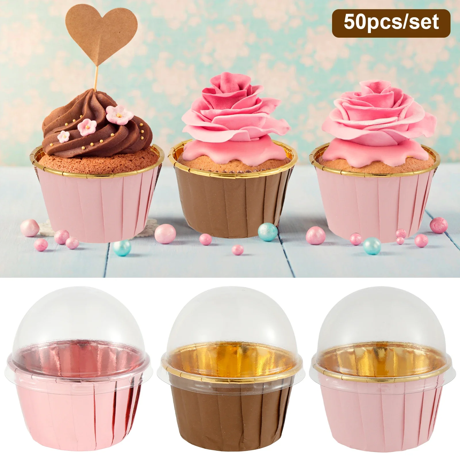 50Pc Foil Cupcake Liners with Lids Heat Resistant 5.5oz Aluminum Cake Cups Round Foil Baking Cups Kitchen Wedding Party Supplies