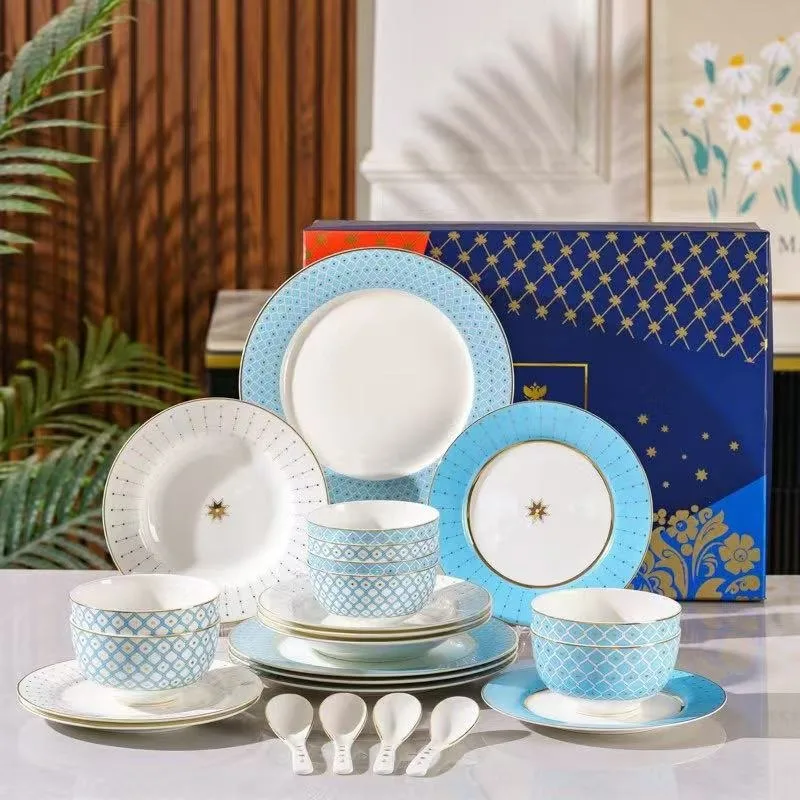 Porcelain blue series tableware, dishes set, light luxury and high-end household dishes, housewarming gift box