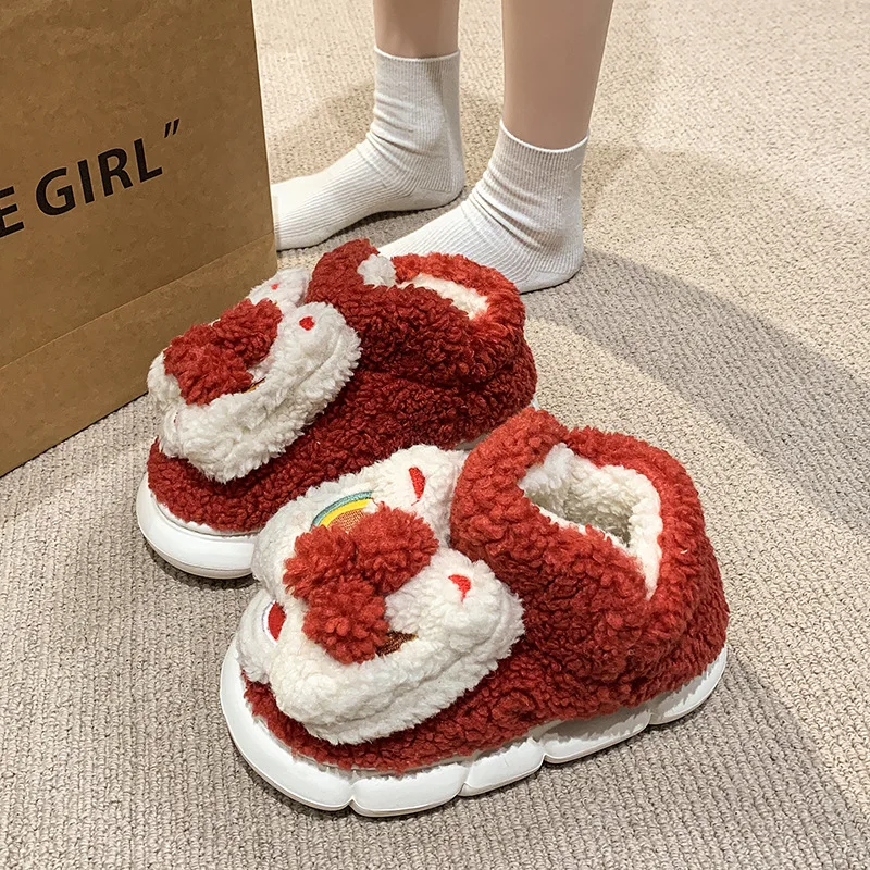 High Bag Heel Lion Cotton Slippers Women's Winter New Indoor Home Velvet Thick-soled Non-slip Couples New Year Cotton Shoes