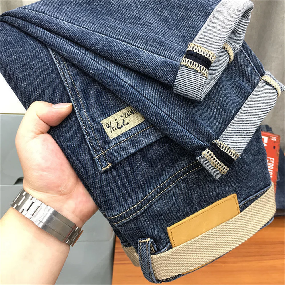 Estiramento baggy jean men 2022 primavera outono solto em linha reta vintage negócios casual calças afligidas longo denim calças masculinas