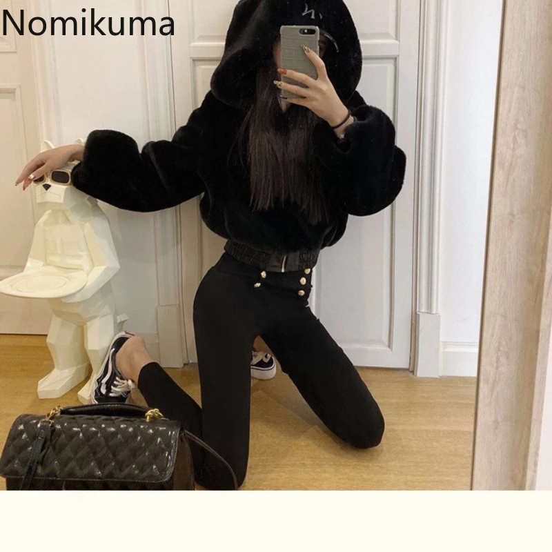 2024 Women's Clothing Streetwear Black Crop Jackets High Waist Furry Korean Outwear Y2k Tops Hooded Fashion Casual Soft Coats