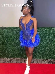 Royal Blue Feathers Short Prom Dress Black Girls Sparkly Beaded Crystal Diamond Birthday Party Gowns Mini Cocktail Homecoming