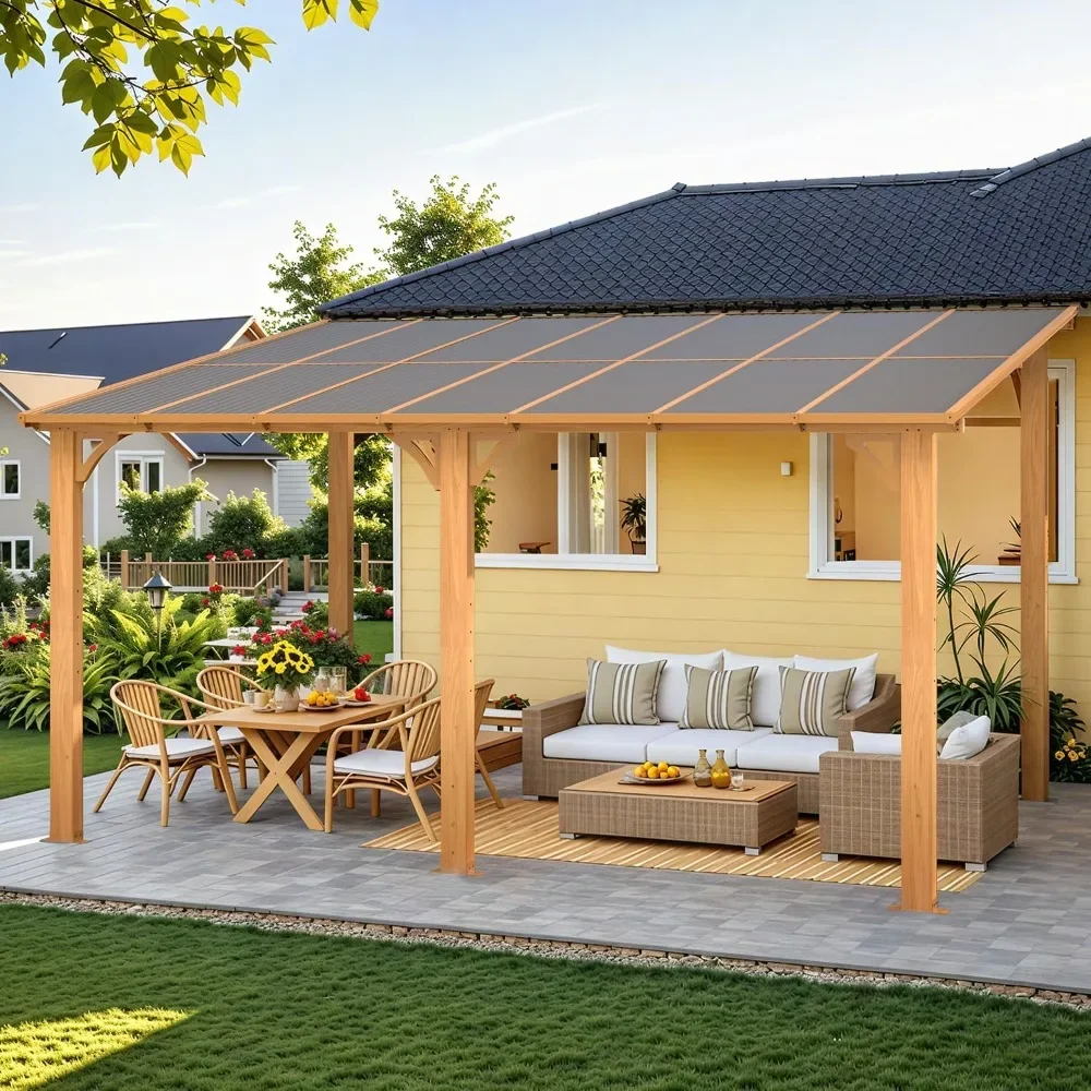 Pérgola Gazebo con Techo de Madera y Acabado de Grano de Madera (140 Pies Cuadrados de Área Sombreada), Gazebo Grande de Pared, 14' x 10' para Patio