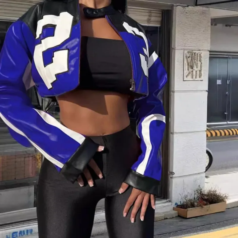 

Crop Top Women's Leather Jacket Number Print Women's Coats Stand Collar Buttons Long-sleeved Fashion Zipper Slim Women Clothing