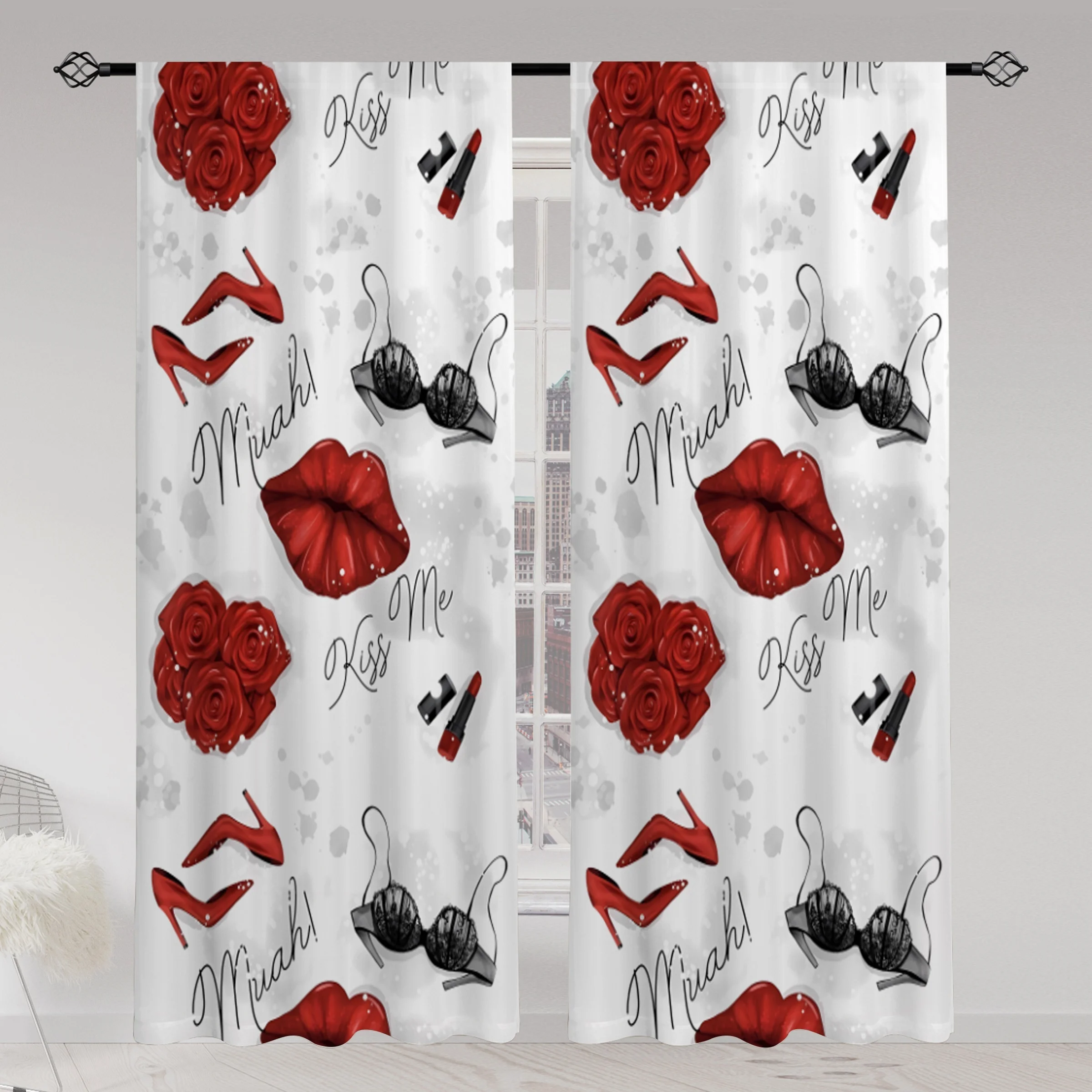 Juego de Cortinas con Estampado de Rosas Rojas y Besos para Decoración de Dormitorio, Cortinas Románticas para Ventanas, Filtro de Privacidad de Lujo, Textiles para el Hogar