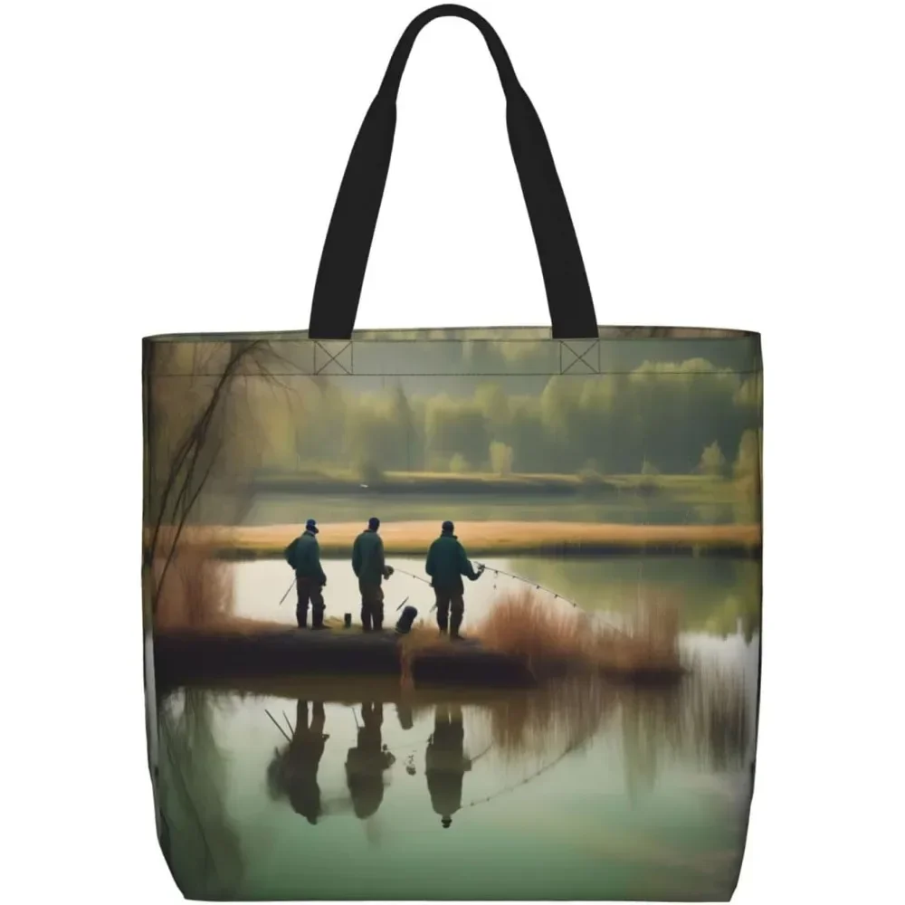 

Fishing Lake Fishermens Print Tote Bag, Reusable Shopping Bag, Large Capacity Zipper Single Shoulder Convenience Bag