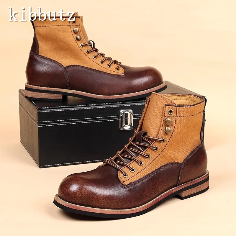 Botas de couro masculino tecido de motocicleta, tornozelo, renda, zíper traseiro, emenda, vintage, britânico, ferramental, outono, novo