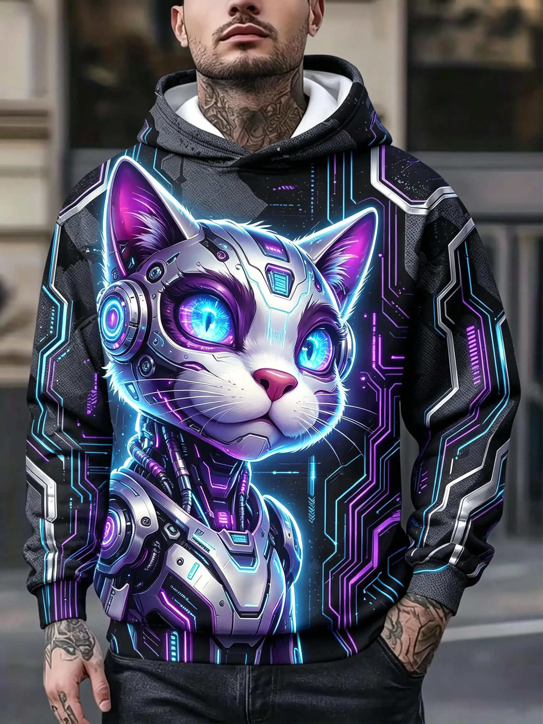 Men's Hoodie thin Autumn Winter Cyber Neon Rabbit Street Graffiti Art Print Oversized Casual Sweatshirt Clothes
