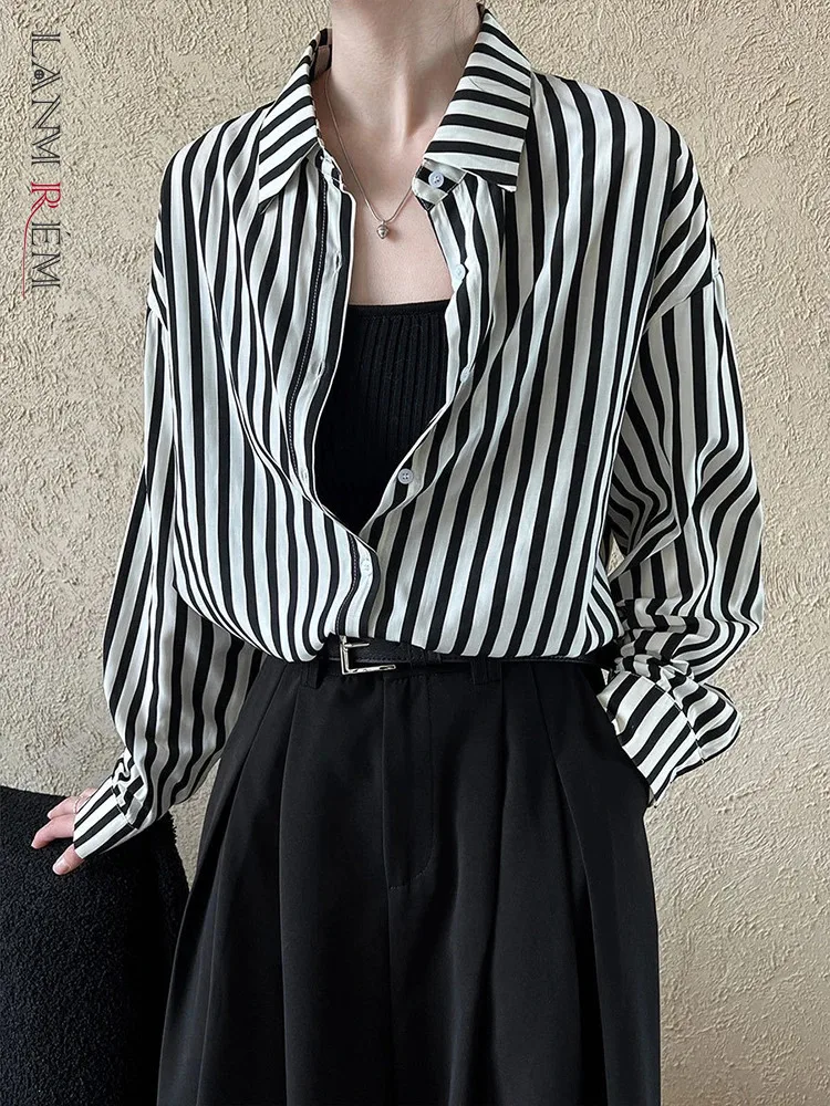 LANMREM Korean Striped Shirt For Women Lapel Long Sleeves Single Breasted Contrast Color Casual Blouses 2024 Autumn New 2Z2644