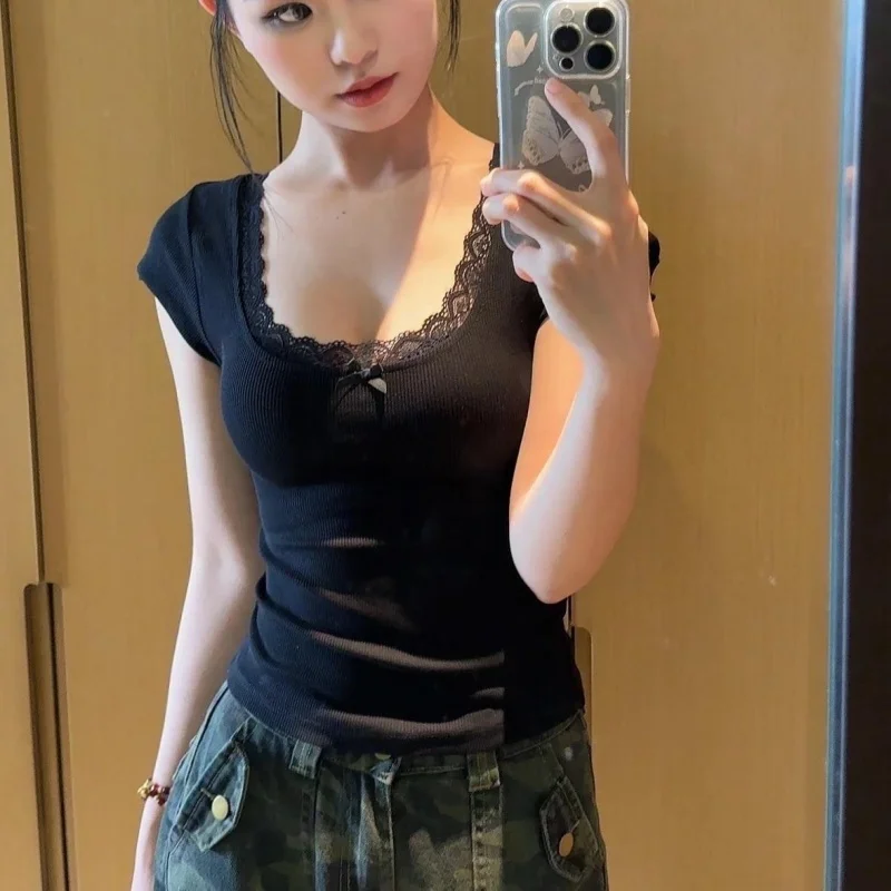 2026 Summer T Shirt Women V-neck Lace Neckline Crop Top Short Sleeves Butterfly Knot  Korean Fashion Tee Shirt Clothes Woman