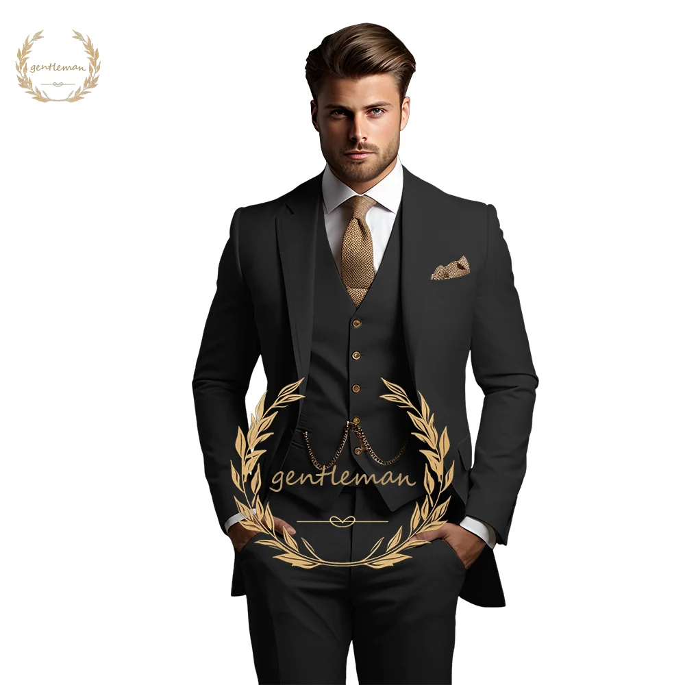 Men\'s 3-piece suit (jacket + vest + trousers) Custom-made formal suit with notch lapel suit, single-breasted vest and trousers