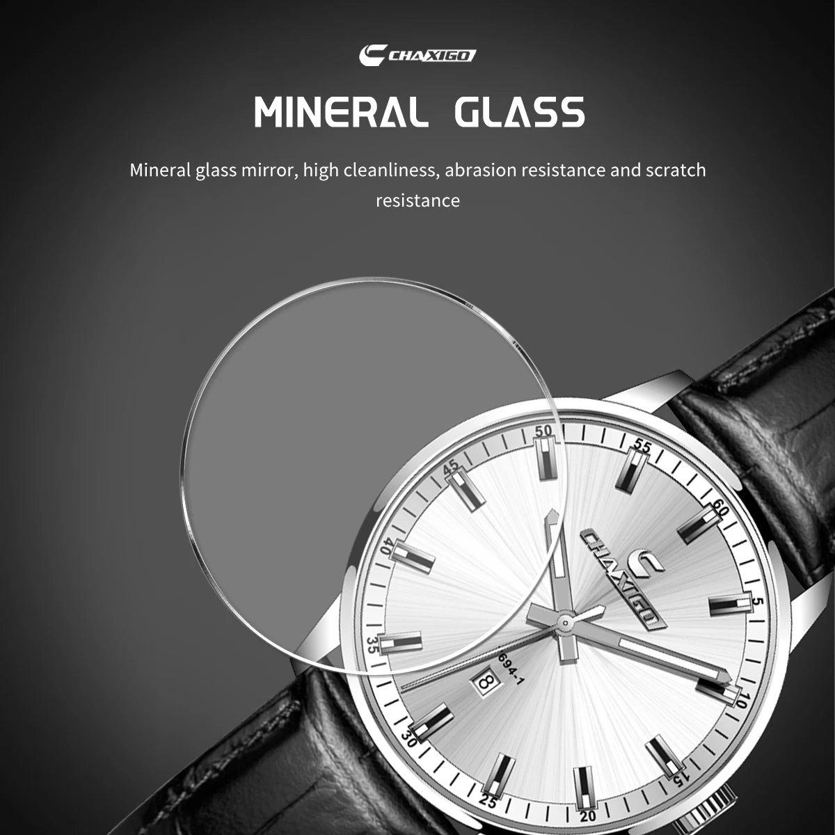 ساعة CHAXIGO للرجال بحزام جلدي للأعمال، وظيفة تقويم كاملة، مقاومة للماء حتى 30 مترًا، علامات مضيئة، تصميم خفيف الوزن