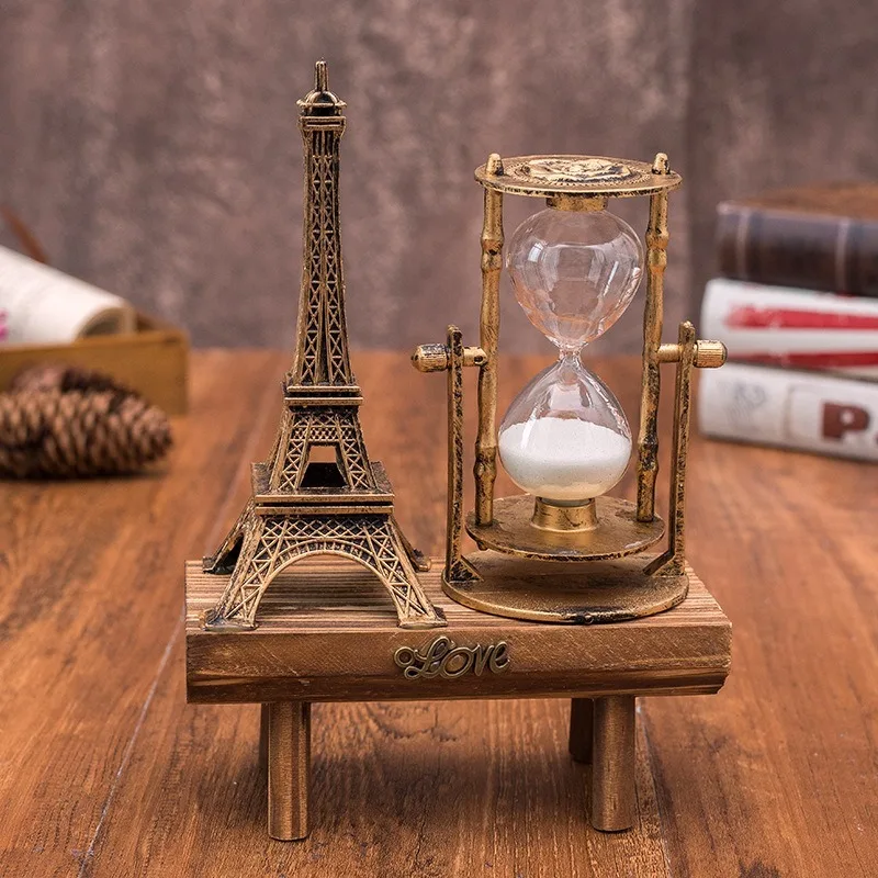 

Creative Gifts Retro Eiffel Tower Hourglass Decoration Ornament on Desktop Simple Modern Home Study Wooden Pendulum Sand Timer