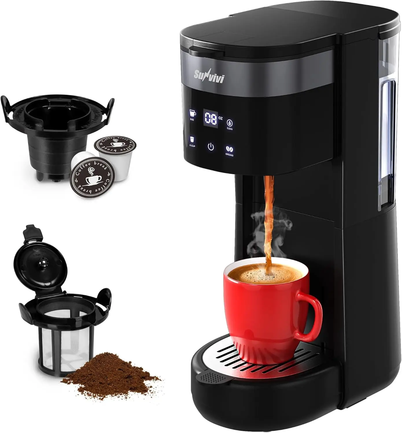

3-in-1 Single Serve Coffee Machine,Brewer for K-Cup Pods, Ground Coffee, and Teas, Brew Sizes 8 to 14oz, 30oz Removable Water Re