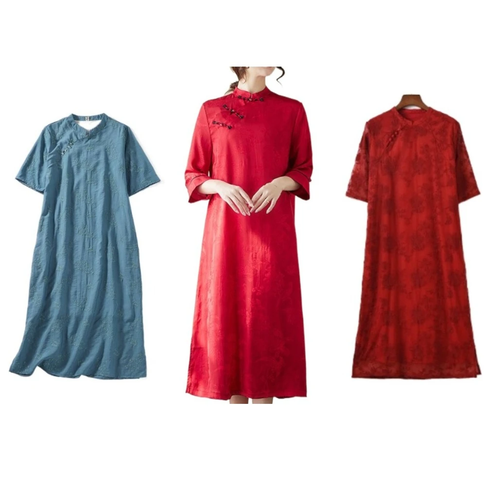 ดอกไม้ Vintage Robe ชุดหัวเข็มขัดสีแดงสไตล์จีนบางสีทึบ Jacquard Cheongsam ผู้หญิงฤดูใบไม้ผลิฤดูร้อน