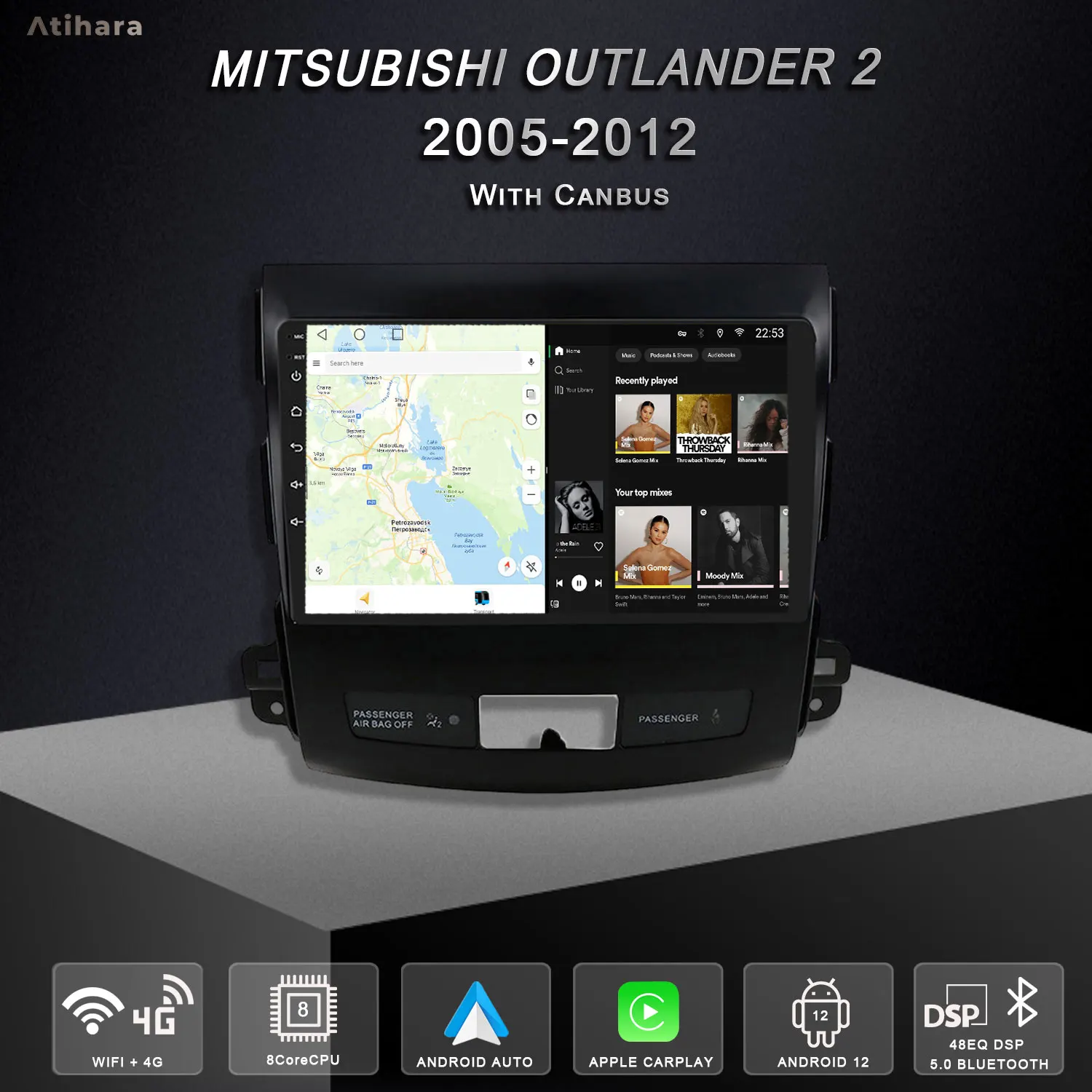 

Atihara 9" Carplay Android Auto Car Radio For Mitsubishi Outlander 2 2005-2012 2Din Multimedia Player 4G Wifi Stereo with Canbus