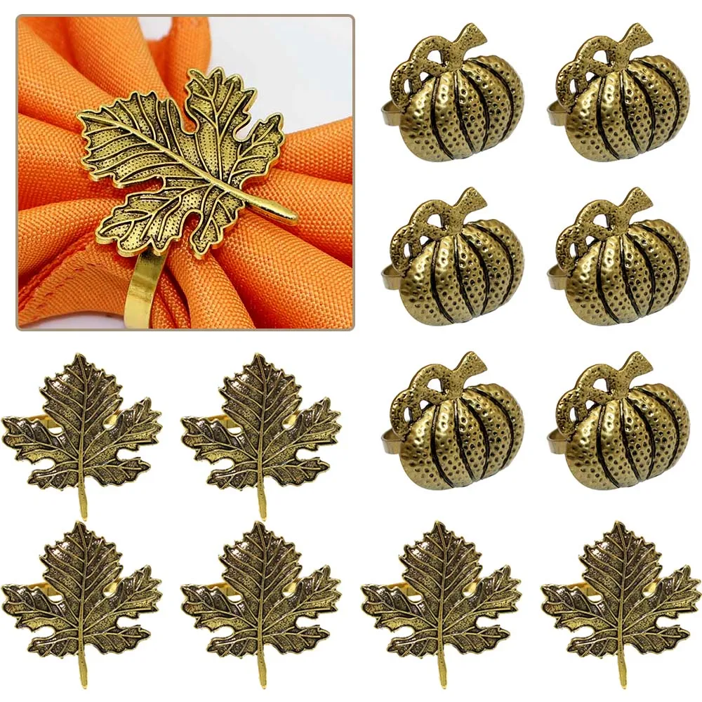 12Pcs Maple Leaf Napkin Rings Pumpkin Napkin Holder Thanksgiving Serviette Buckles for Wedding Party Festival Dinner Table Decor