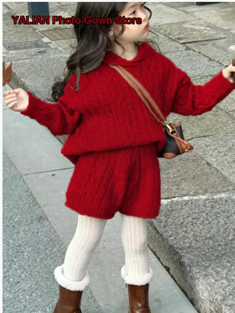 Girls Two-Piece Set Baby Girl Winter Hooded Sweater Shorts Stylish Two-Piece Look