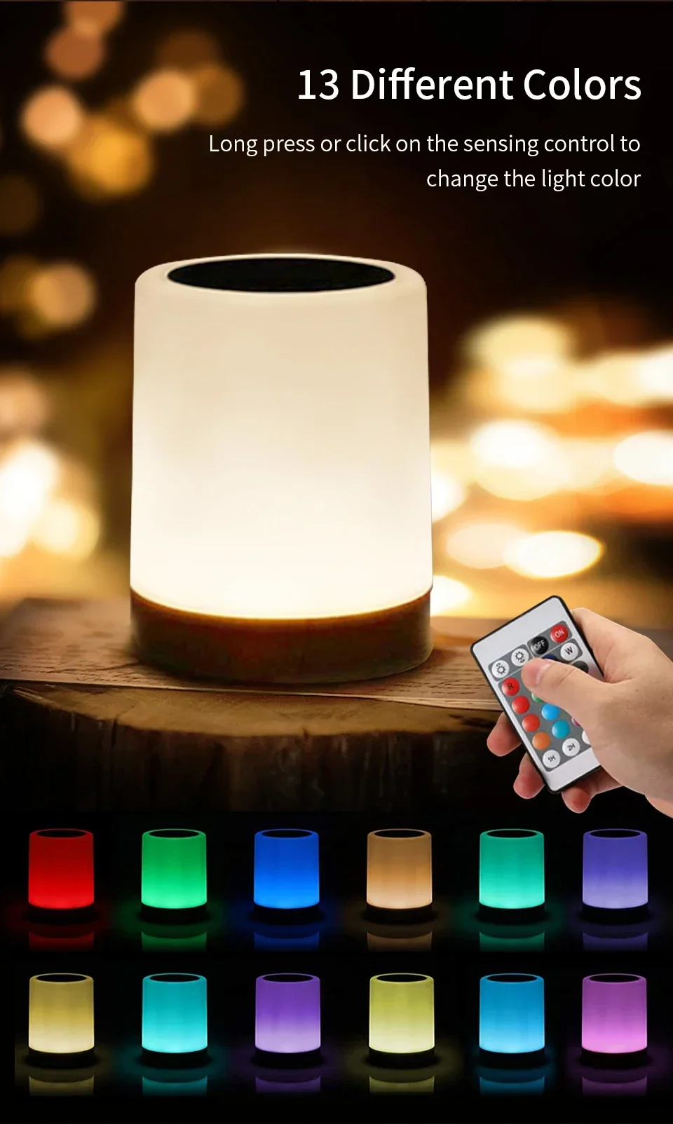 13 Color LED Changing Night Light With Remote Control RGB Touch Dimmable Lamp USB Rechargeable Table Bedside Night Lamp