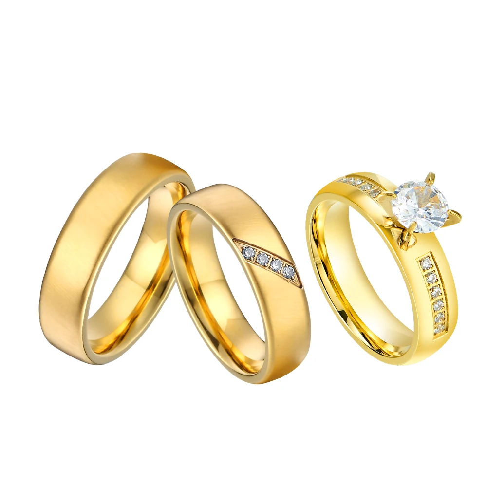 

3 шт., наборы свадебных обручальных колец для альюмов, 24-каратное позолоченное ювелирное кольцо с кубическим цирконием и бриллиантом для женщин