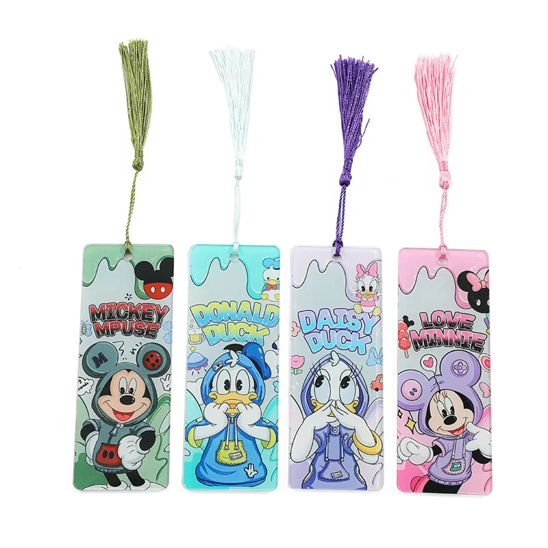 12pcs/lot Disney Mouse Duck Acrylic Bookmark Creative Tassels Book Mark For Books Office School Office Supplies Stationery Gift