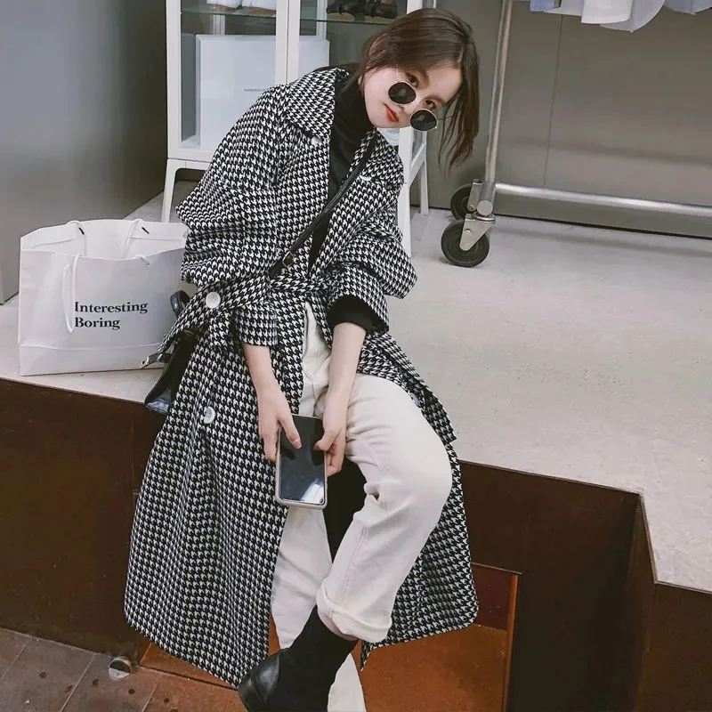 

Black White Thousand Bird Grid Trench Coat Women's Spring Autumn 2023 New Long Knee Length Waistband Western-style Popular Coat