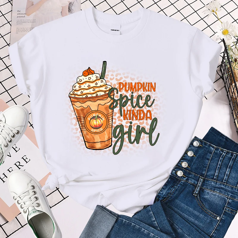 (Premium T-shirt)Fall Coffee Pumpkin Spice Kinda Girl T-Shirts For Women Summer Tee Shirt Femme Casual Short Sleeve Round Neck