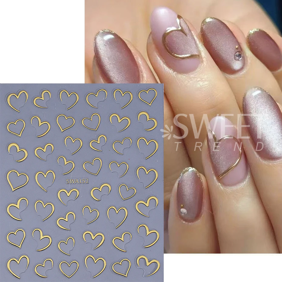 3/4pcs Bronzing Love Heart Nail Stickers 3D Half Love Lines Design Nail Decals DIY Adhesive Slider Valentine Manicure Decoration