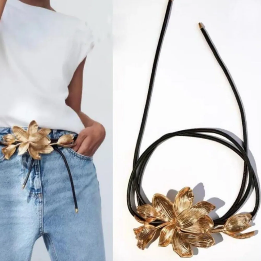 Versatile Adjustable Golden Tulip Belt Alloy PU Metal Flower Waist Chain Jeans Decor Waistband Exaggerated Belt Cool Girls