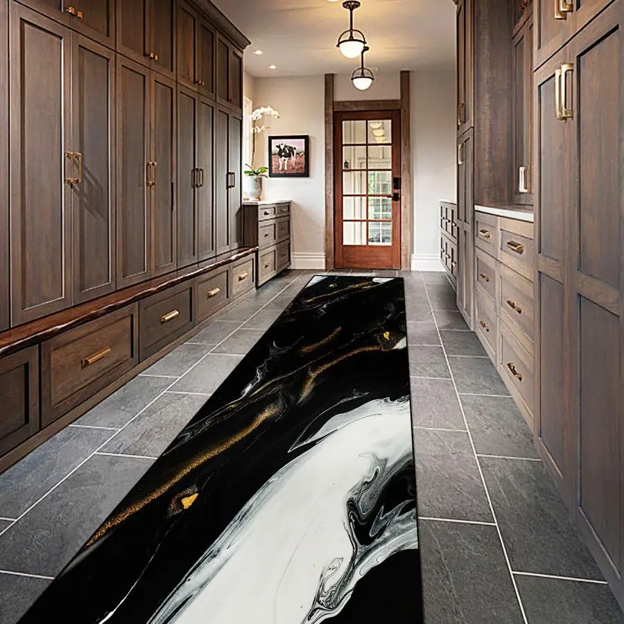 

x 10 Washable Hallway Runner Rug, Long Ultra Soft Kitchen Runner Rug, NonSlip LowPile, Luxury Marble Texture Design Black